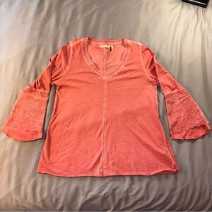 Soft Surroundings Top Sz XL Tunic Flared Embroidered Sleeves V-Neck Boho Cotton